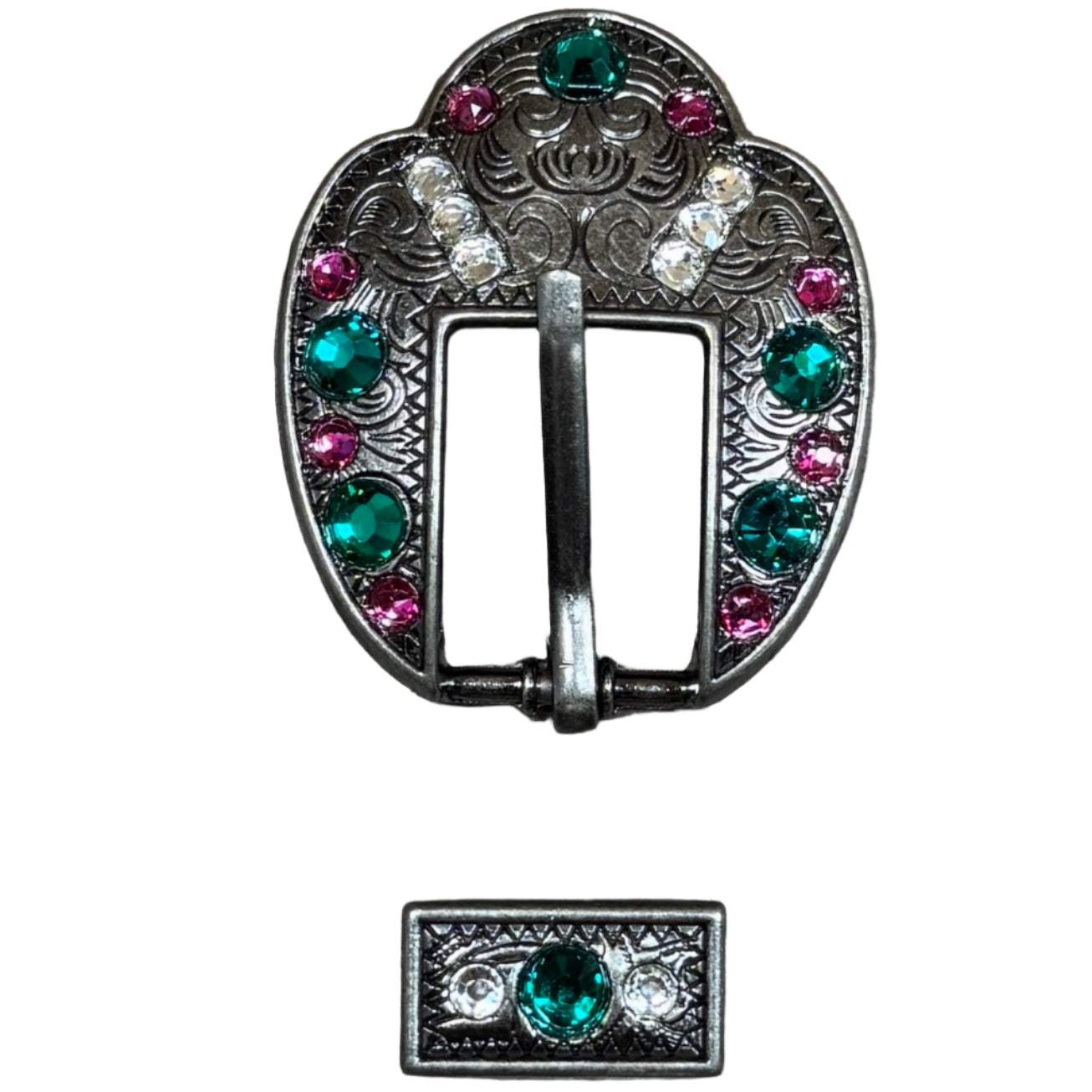 Antique Silver Fuchsia, Clear and Emerald  Crystal Conchos - Sizes from 1&quot;- 3&quot; and Buckles