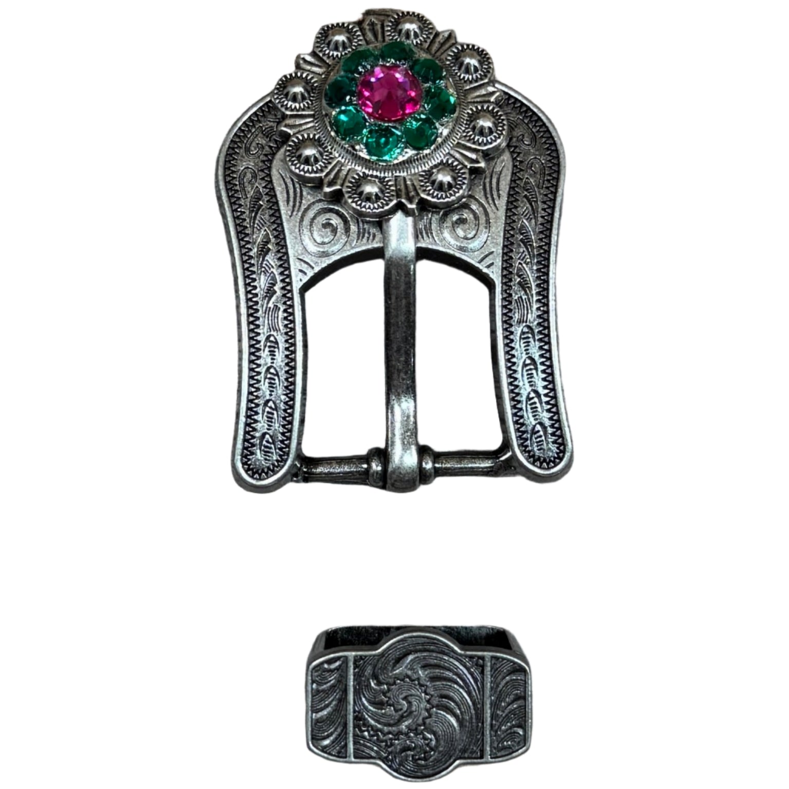 Antique Silver Fuchsia, Clear and Emerald  Crystal Conchos - Sizes from 1&quot;- 3&quot; and Buckles