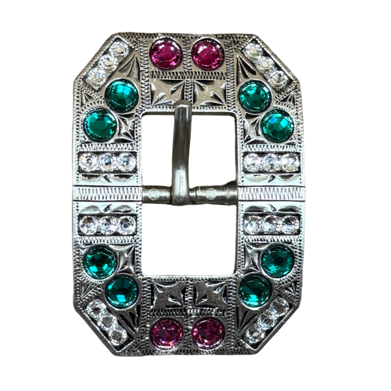 Antique Silver Fuchsia, Clear and Emerald  Crystal Conchos - Sizes from 1&quot;- 3&quot; and Buckles