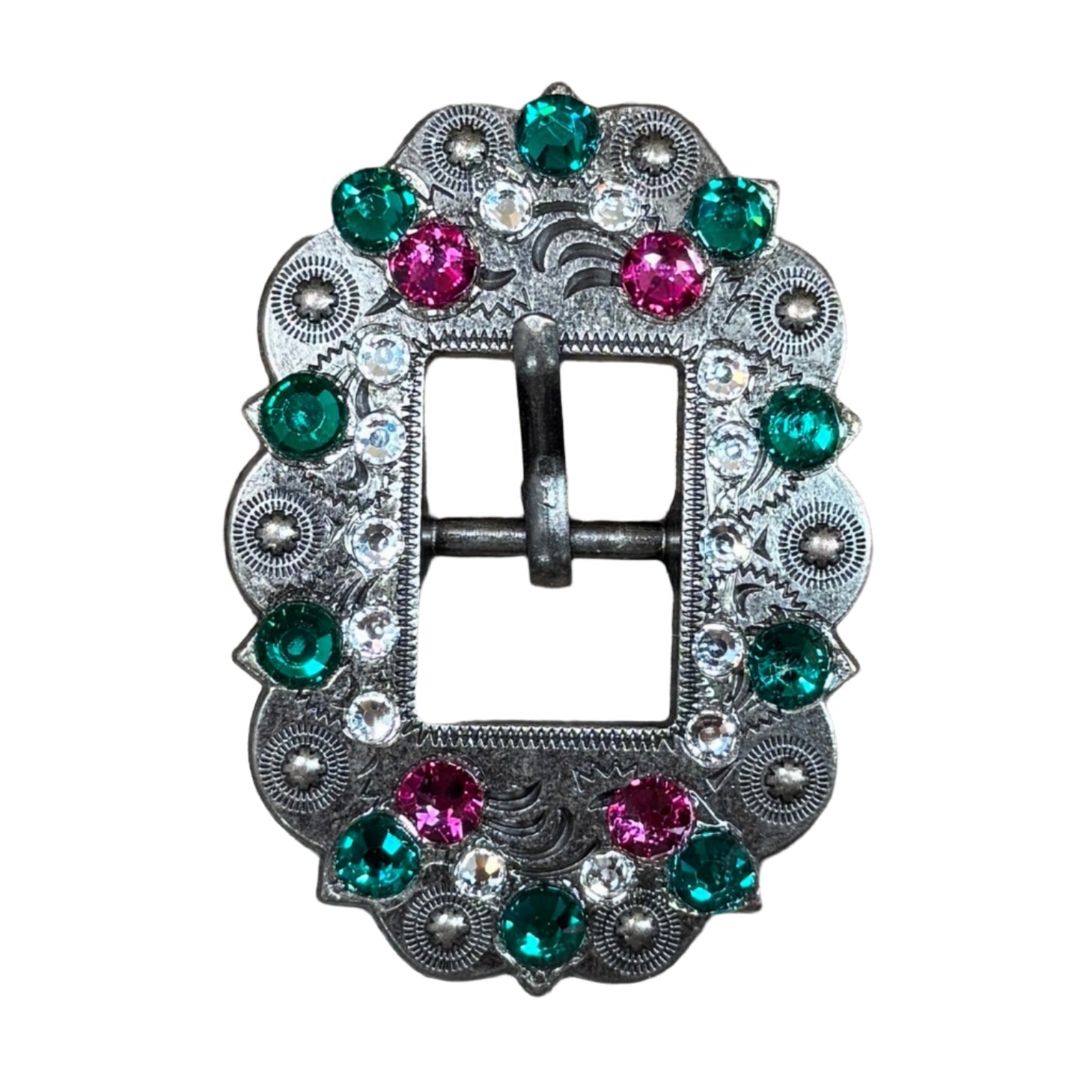 Antique Silver Fuchsia, Clear and Emerald  Crystal Conchos - Sizes from 1&quot;- 3&quot; and Buckles