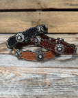 Leather Dog Collar With Antique Silver Jet and Clear Conchos 10" to 22" -DC75