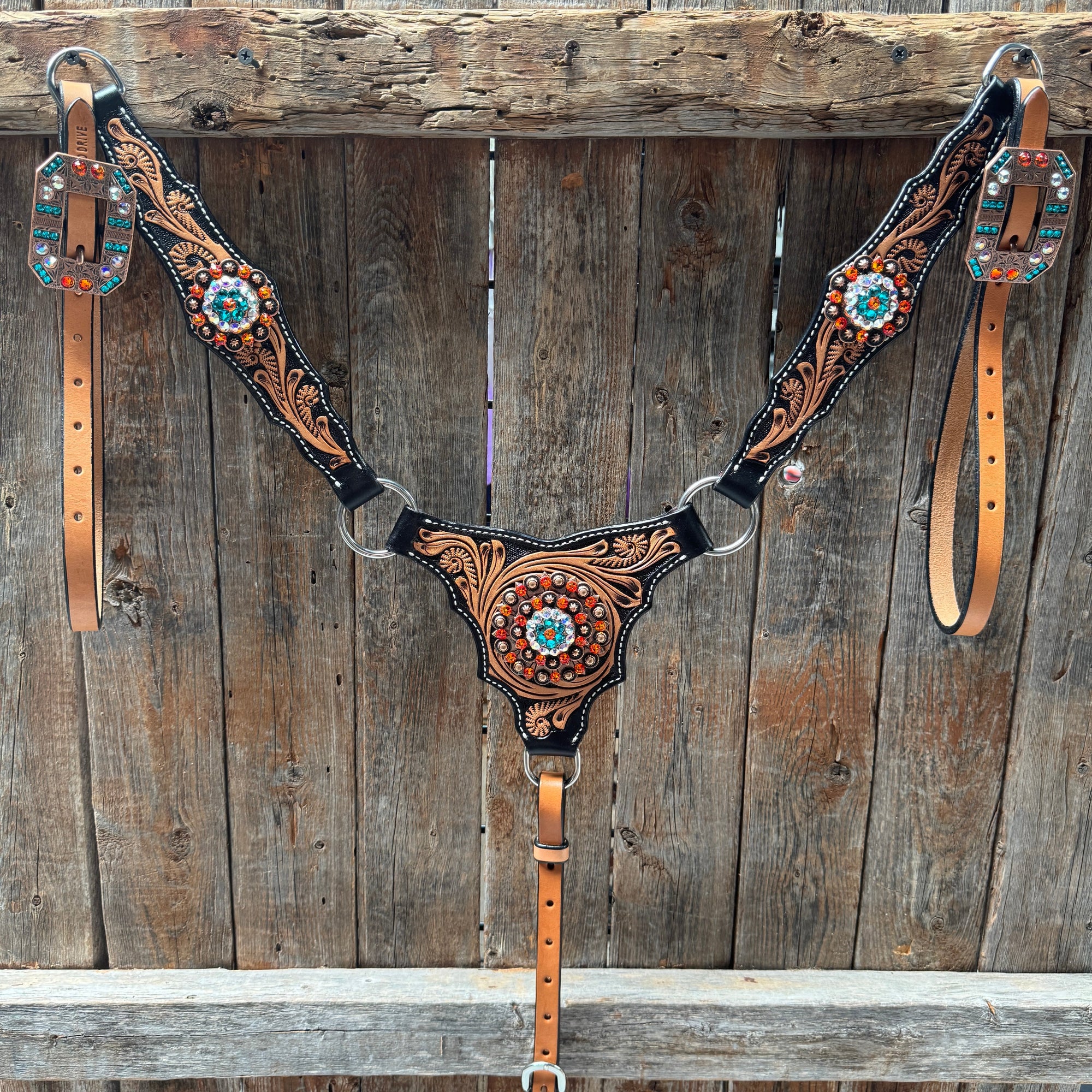Two Tone Floral Triangle Orange and Teal Browband/One Ear - Triangle/Gladiator Breastcollar Tack Set 