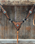 Two Tone Floral Triangle Orange and Teal Browband/One Ear - Triangle/Gladiator Breastcollar Tack Set 