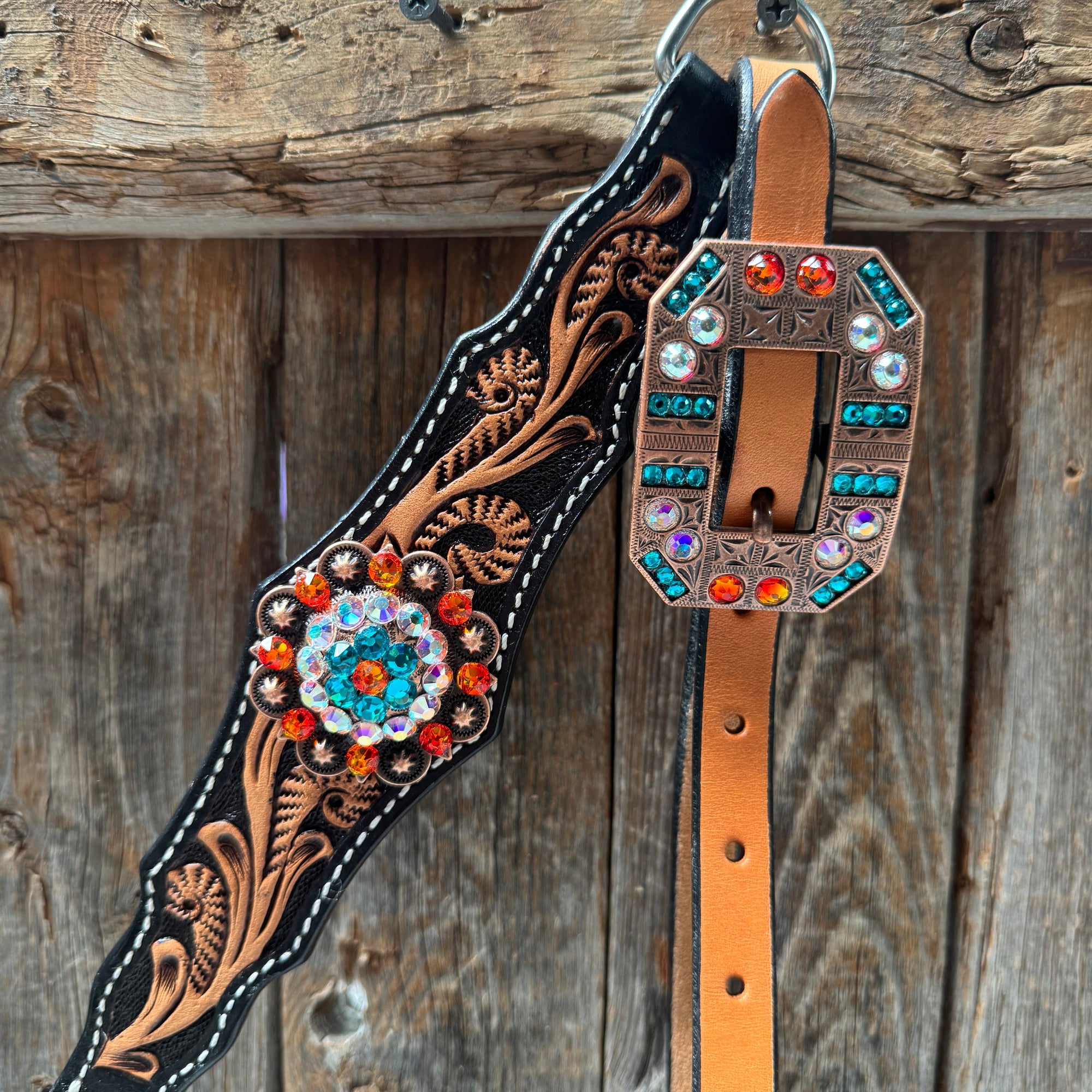 Two Tone Floral Triangle Orange and Teal Browband/One Ear - Triangle/Gladiator Breastcollar Tack Set 
