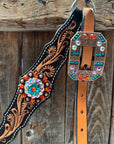 Two Tone Floral Triangle Orange and Teal Browband/One Ear - Triangle/Gladiator Breastcollar Tack Set 