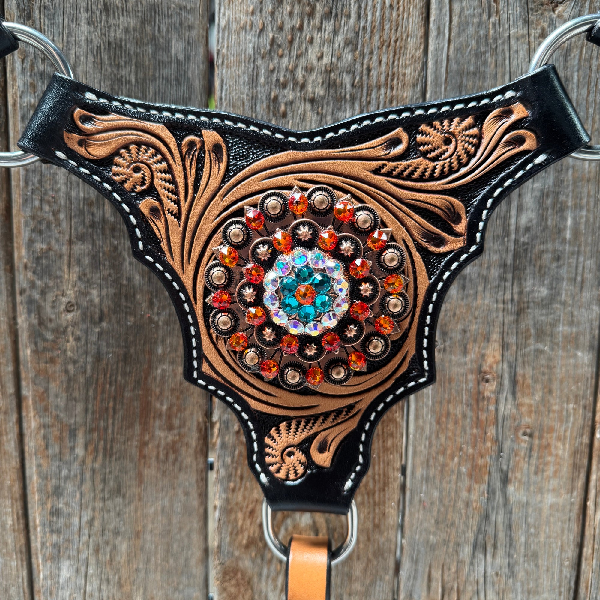 Two Tone Floral Triangle Orange and Teal Browband/One Ear - Triangle/Gladiator Breastcollar Tack Set 