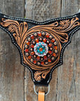 Two Tone Floral Triangle Orange and Teal Browband/One Ear - Triangle/Gladiator Breastcollar Tack Set 