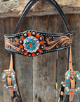 Two Tone Floral Triangle Orange and Teal Browband/One Ear - Triangle/Gladiator Breastcollar Tack Set 