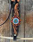 Two Tone Floral Triangle Orange and Teal Browband/One Ear - Triangle/Gladiator Breastcollar Tack Set 