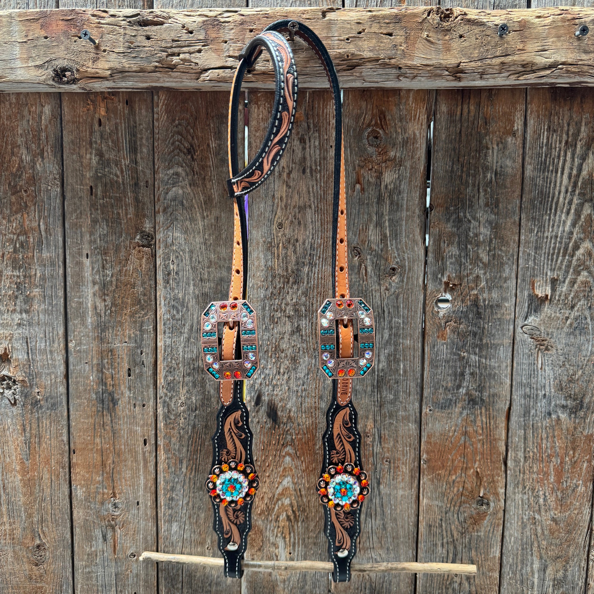 Two Tone Floral Triangle Orange and Teal Browband/One Ear - Triangle/Gladiator Breastcollar Tack Set 