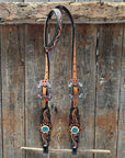 Two Tone Floral Triangle Orange and Teal Browband/One Ear - Triangle/Gladiator Breastcollar Tack Set 