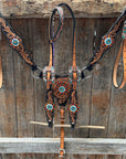 Two Tone Floral Triangle Orange and Teal Browband/One Ear - Triangle/Gladiator Breastcollar Tack Set 