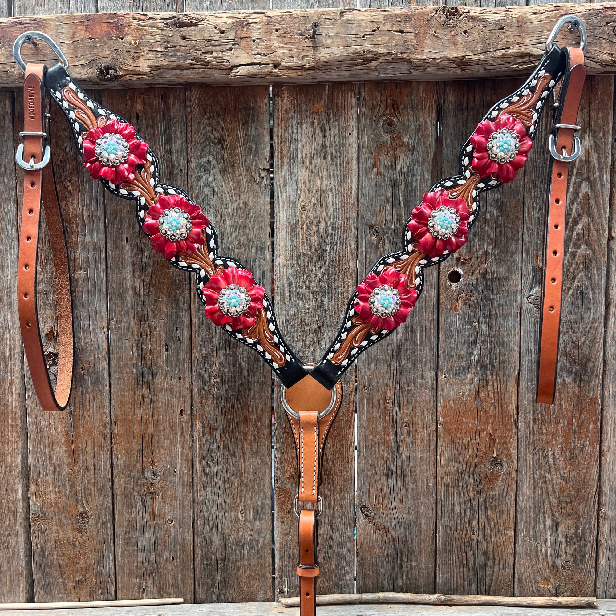Classic Red and Turquoise Browband / One Ear Tack Set 