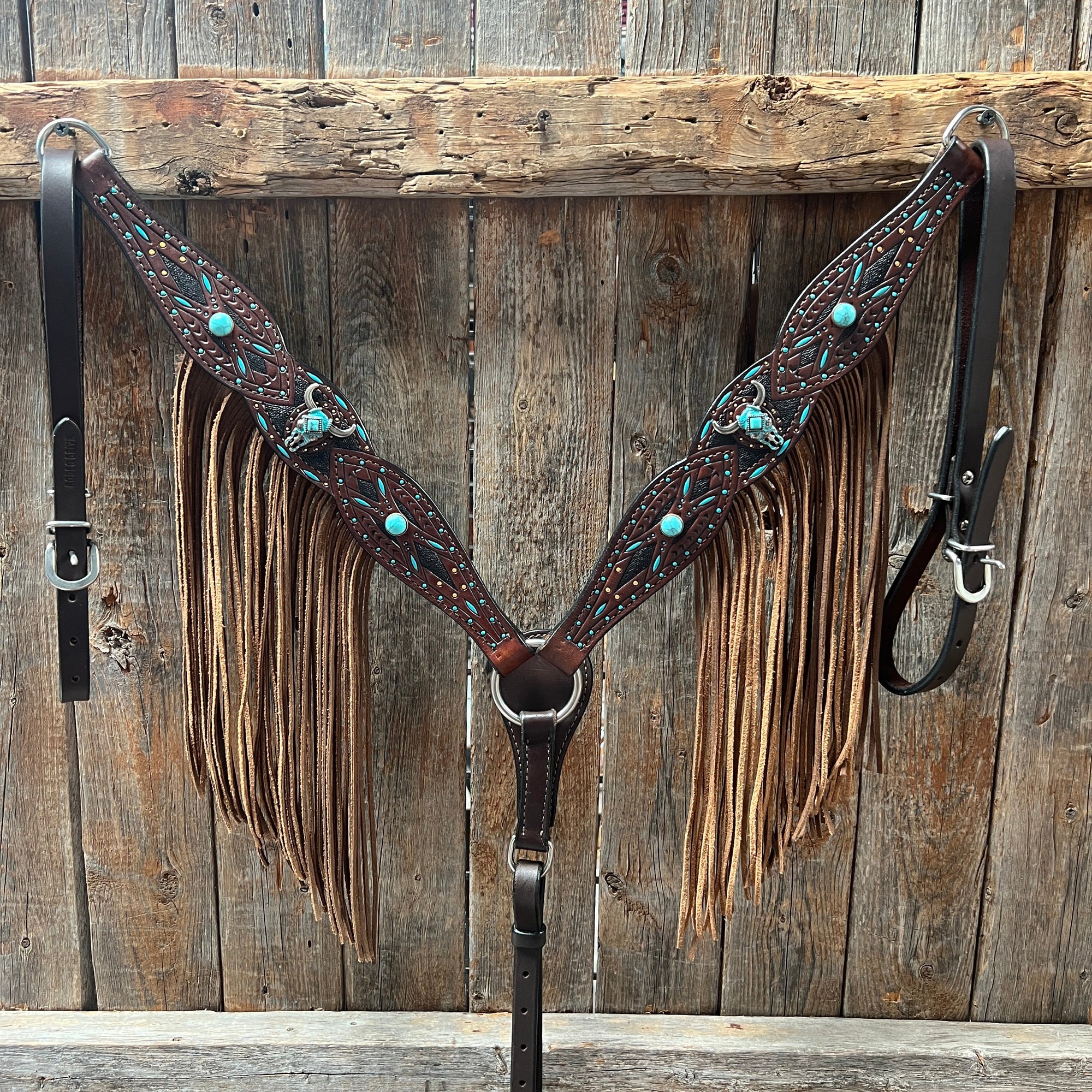 Dark Oil Hand Painted Turquoise Steer Head Browband/One Ear and Breastcollar Tack Set 