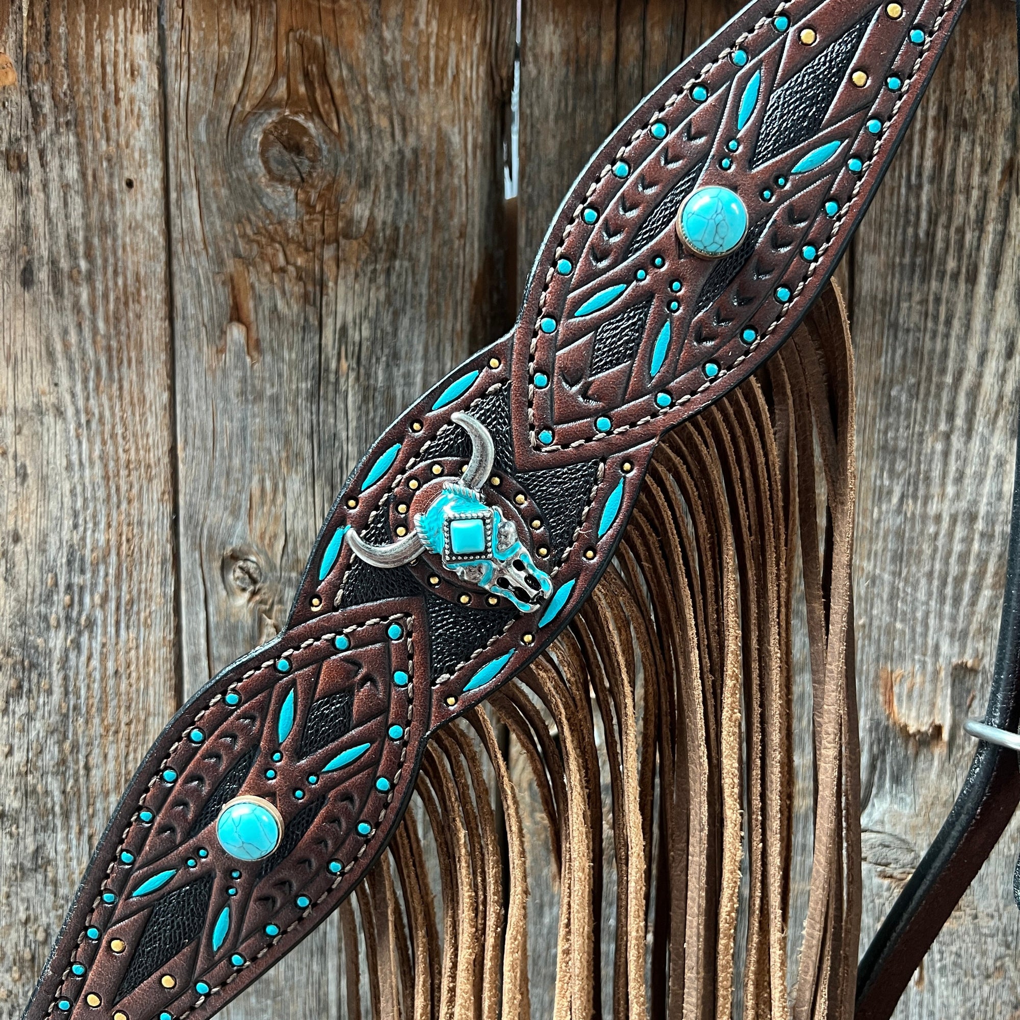 Dark Oil Hand Painted Turquoise Steer Head Browband/One Ear and Breastcollar Tack Set 
