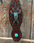 Dark Oil Hand Painted Turquoise Steer Head Browband/One Ear and Breastcollar Tack Set 