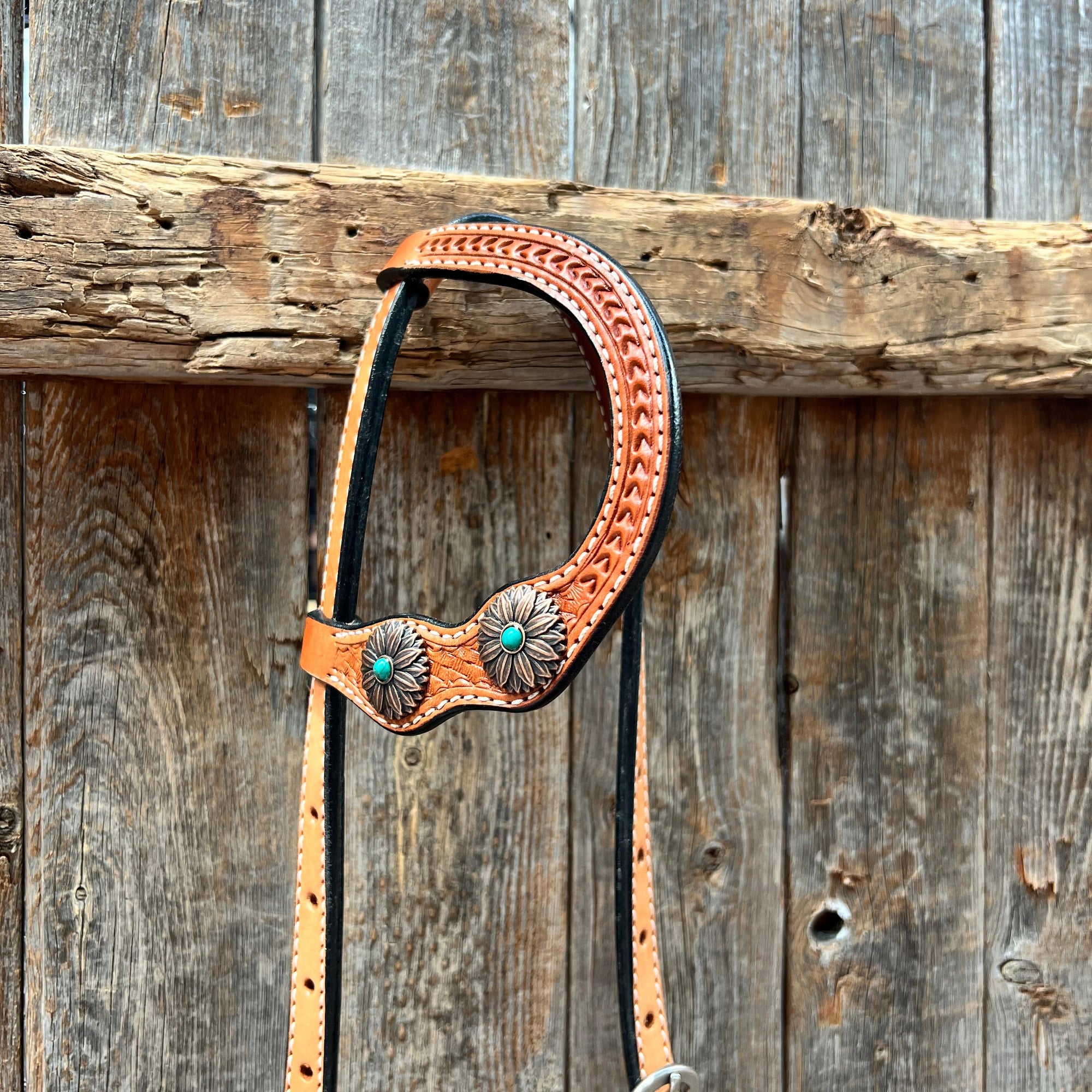 Light Oil Basketweave Copper Flower Browband/One Ear Tack Set  