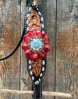 Classic Red and Turquoise Browband / One Ear Tack Set 