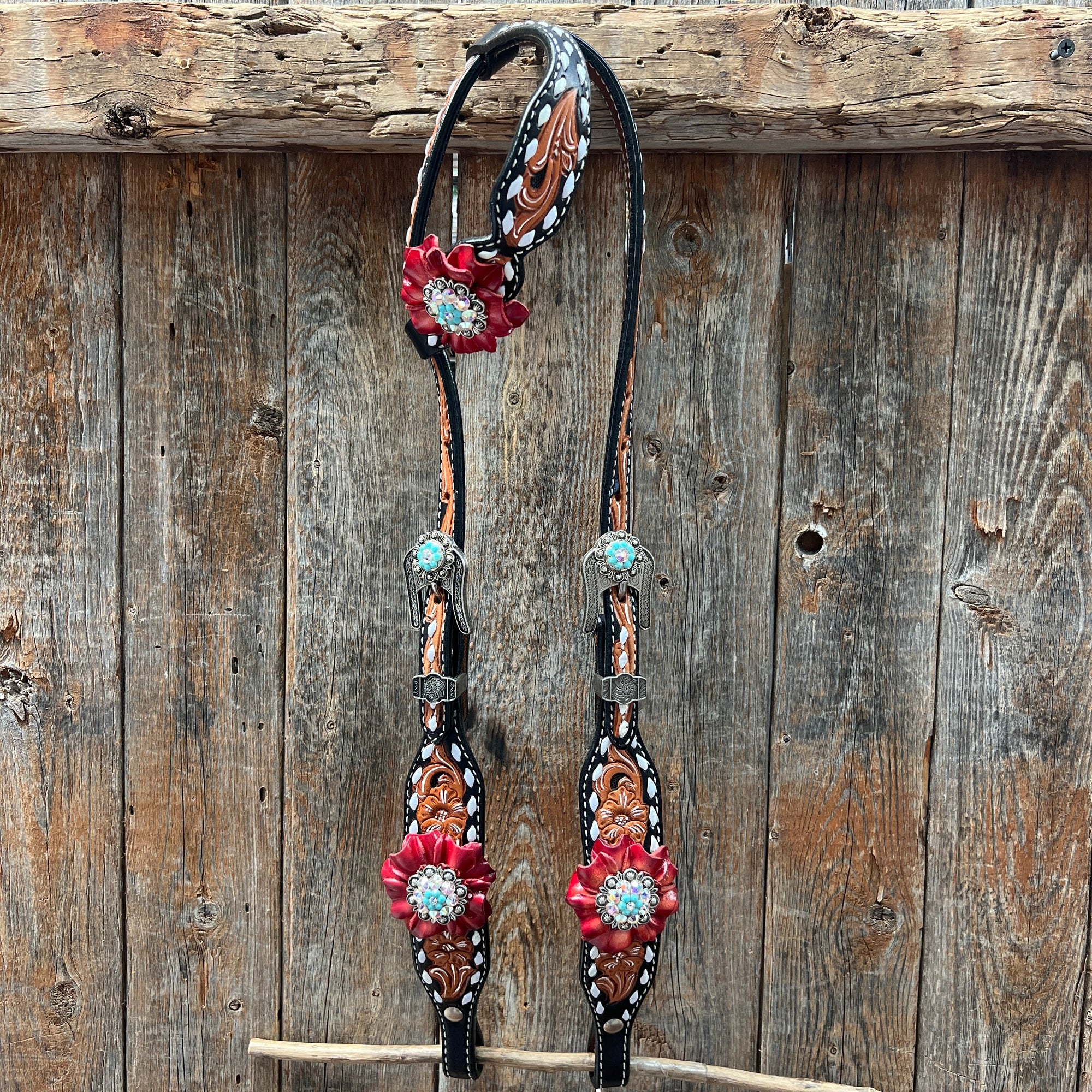 Classic Red and Turquoise Browband / One Ear Tack Set 