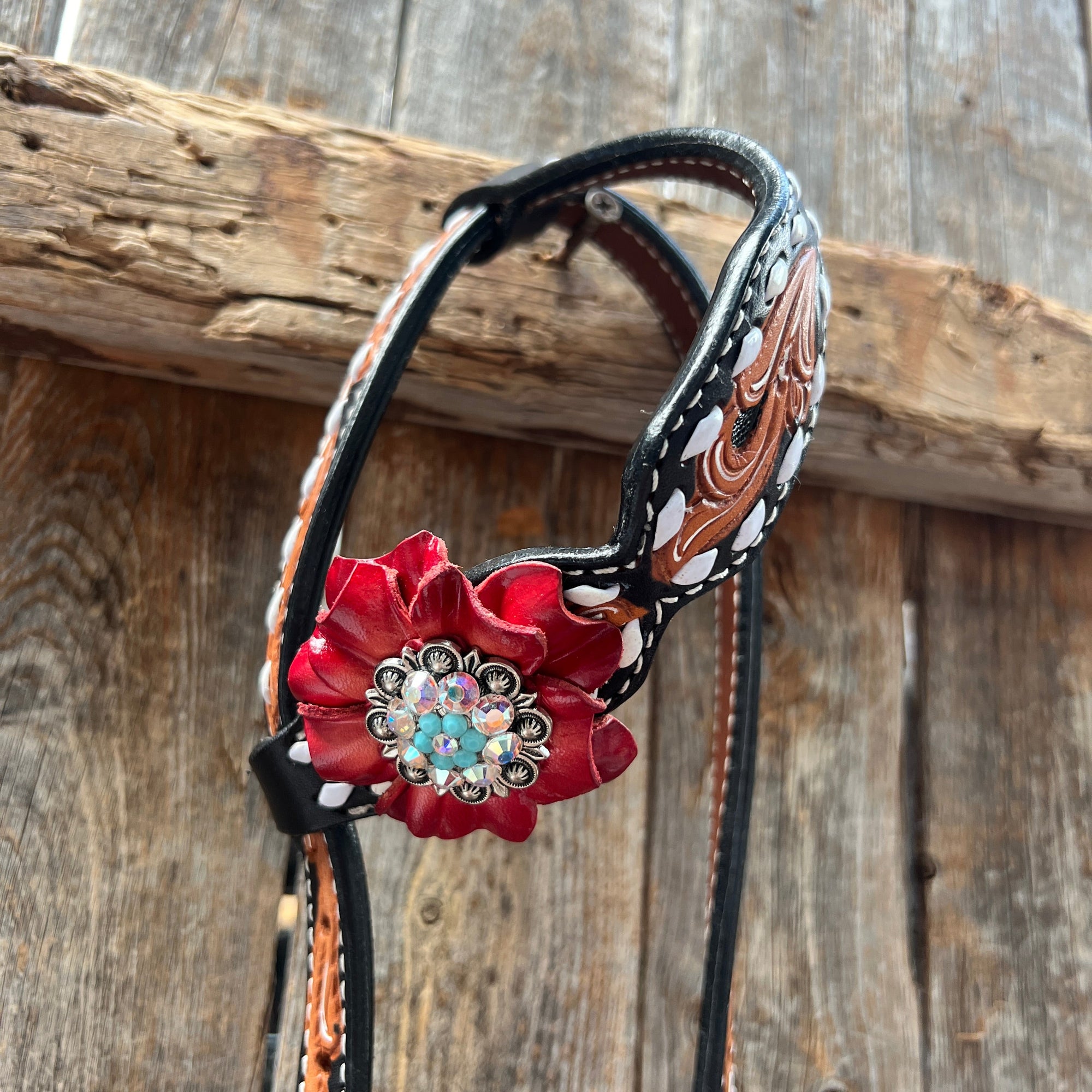 Classic Red and Turquoise Browband / One Ear Tack Set 