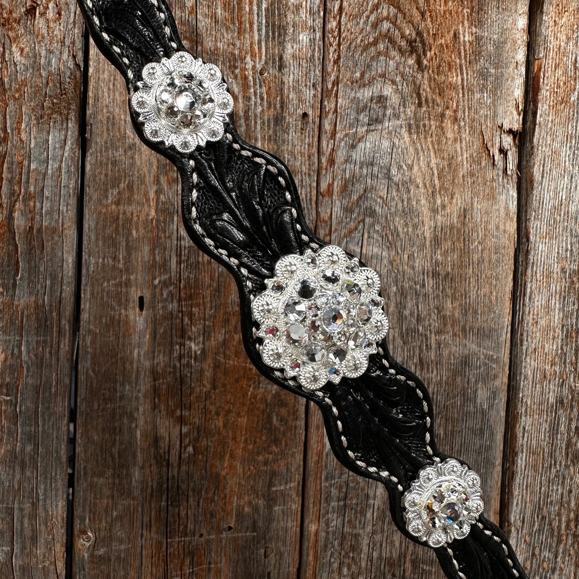 Black Floral Bright Clear Browband / One Ear Tack Set