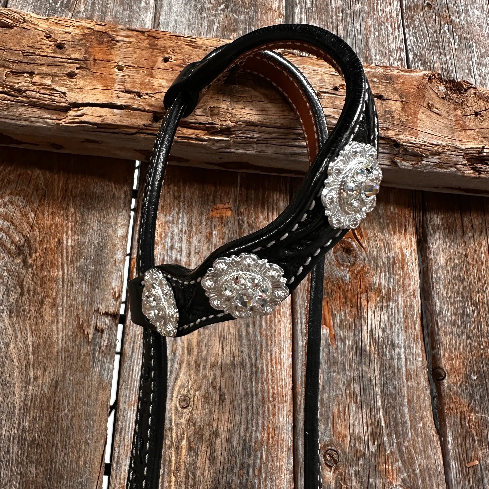 Black Floral Bright Clear Browband / One Ear Tack Set