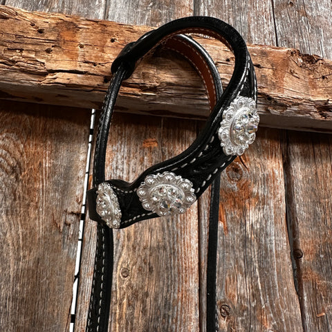 Black Floral Bright Clear Browband / One Ear Tack Set