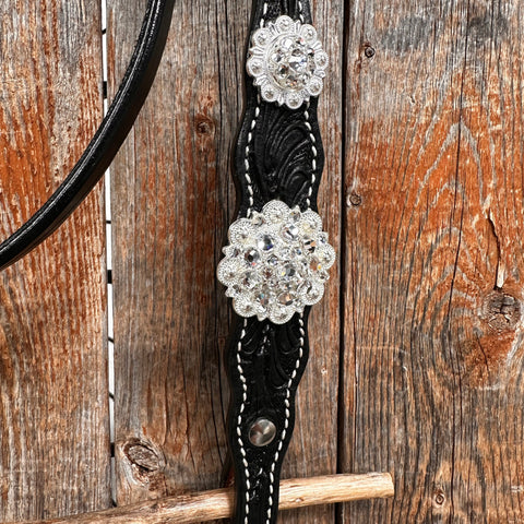 Black Floral Bright Clear Browband / One Ear Tack Set