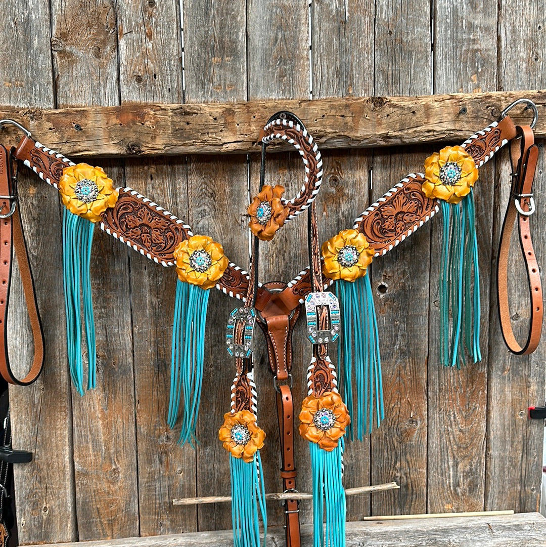 White Whipstitch Yellow and Turquoise Browband/One Ear Headstall &amp; Breastcollar Tack Set 