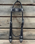 Dark Oil Silver Dot Antique Silver Floral Browband / One Ear Tack Set 