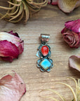 Red Spiny Oyster & Golden Hills Turquoise Sterling Silver Pendant – Stamped Gilbert Nez