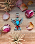 Thunderbird Pendant – Red Coral & Turquoise – Stamped Richard Yazzie