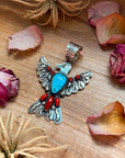 Thunderbird Pendant – Red Coral & Turquoise – Stamped Richard Yazzie