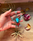 Thunderbird Pendant – Red Coral & Turquoise – Stamped Richard Yazzie