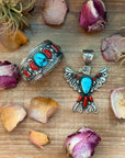 Thunderbird Pendant – Red Coral & Turquoise – Stamped Richard Yazzie