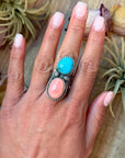 Kingman Turquoise & Pink Conch Sterling Silver Ring – Size 7.5
