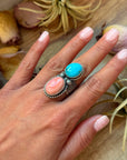 Kingman Turquoise & Pink Conch Sterling Silver Ring – Size 7.5