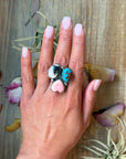 Pink Conch, Kingman Turquoise & White Buffalo Sterling Silver Ring – Adjustable (Size 9+)
