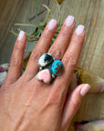 Pink Conch, Kingman Turquoise & White Buffalo Sterling Silver Ring – Adjustable (Size 9+)