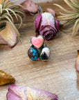 Pink Conch, Kingman Turquoise & White Buffalo Sterling Silver Ring – Adjustable (Size 9+)