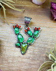 Sterling Silver Cactus Pendant with Sonoran Turquoise & Coral – Native Made by Charles Johnson