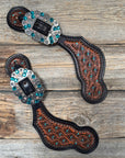 Teal Dot Diamond Antique Silver Teal, AB Spur Straps 