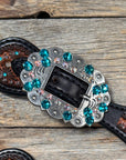 Teal Dot Diamond Antique Silver Teal, AB Spur Straps 