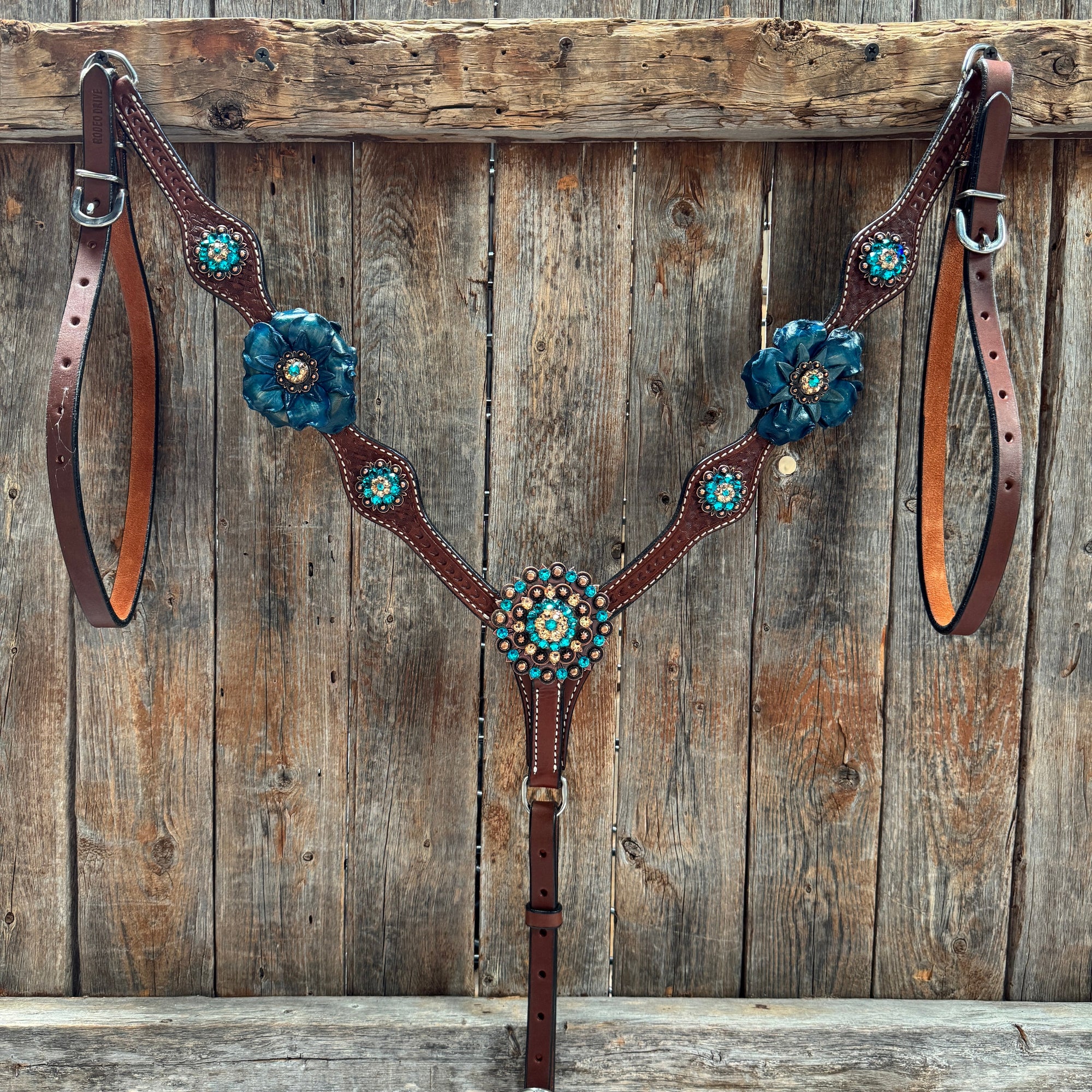 Medium Oil Basketweave Teal, Champagne Browband/One Ear Tack Set  