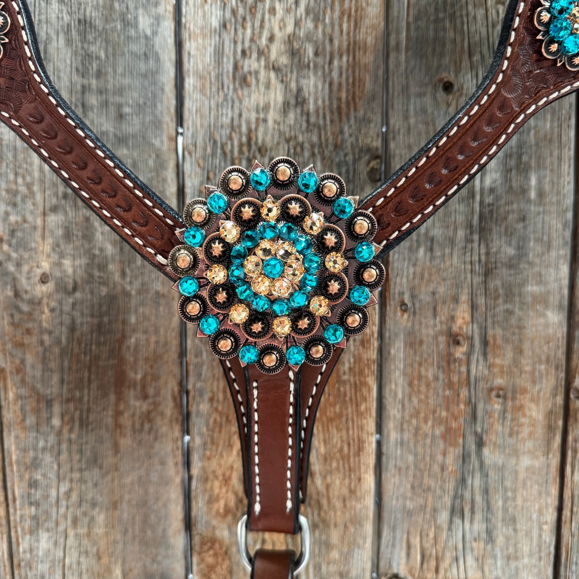 Medium Oil Basketweave Teal, Champagne Browband/One Ear Tack Set  