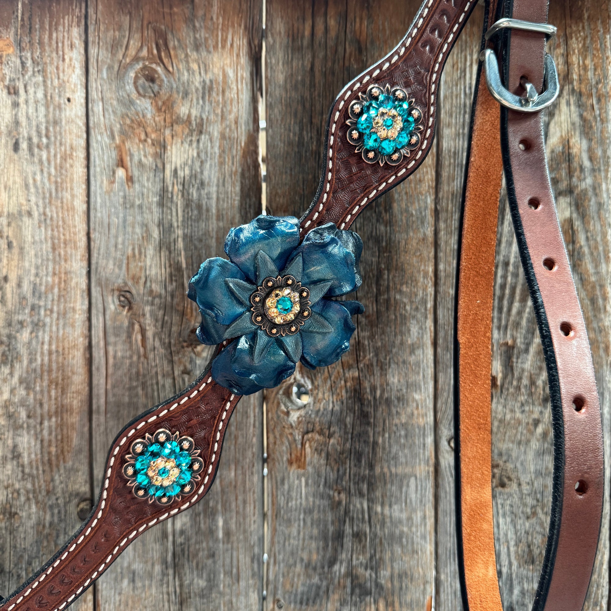 Medium Oil Basketweave Teal, Champagne Browband/One Ear Tack Set  