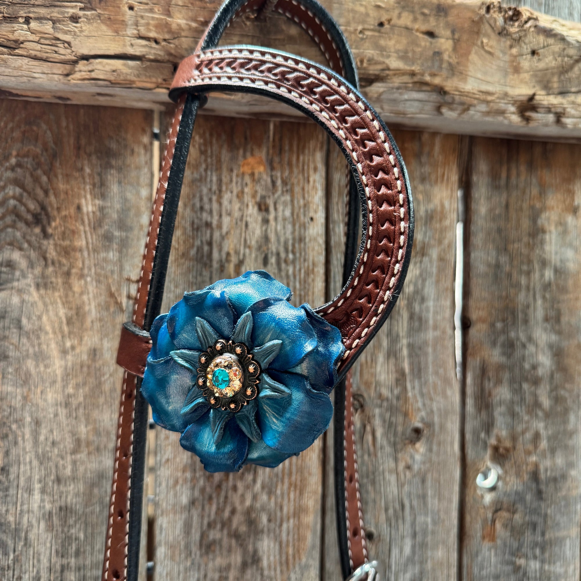 Medium Oil Basketweave Teal, Champagne Browband/One Ear Tack Set  