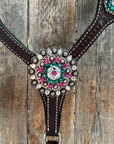 Dark Oil Basketweave Fuchsia, Clear, Emerald Browband/One Ear Tack Set  