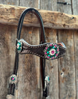 Dark Oil Basketweave Fuchsia, Clear, Emerald Browband/One Ear Tack Set  