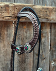 Dark Oil Basketweave Fuchsia, Clear, Emerald Browband/One Ear Tack Set  